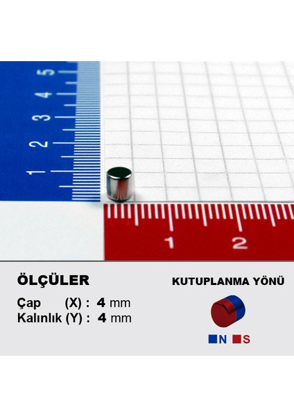 Neodyum Mıknatıs Çap 4 mm Kalınlık 4 mm  D4 x 4 Ndfeb Güçlü Mıknatıs