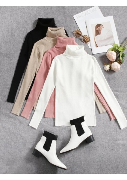 Kadın Boğazlı Siyah Bej Somon Beyaz 4'lü Kaşkorse Fitilli Kışlık Kazak