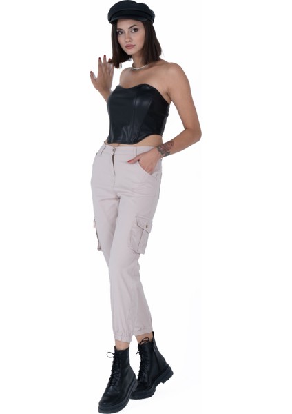 Jogger Rahat Kalıp Paça Lastikli Kargo Cepli Gabardin Kadın Pantolon modelleri