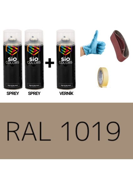 2 Adet Sprey + 1 Adet Vernik Yeşil Bej RAL-1019 Sprey Boya Seti 400 Ml+Zımpara+Kağıt Bant+Eldiven
