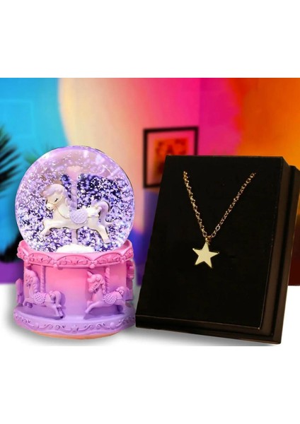 Atlıkarınca Unicorn Işıklı Kar Küresi ve Magic Star Yıldız Kolye Arkadaşa Hediye