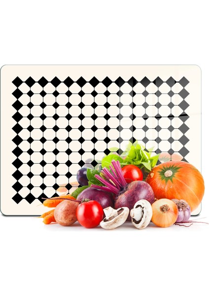 Cam Kesme Tahtası ve Sunumluk ve Sunum Tabağı Bej Geometrik Çizgiler 30X40 cm