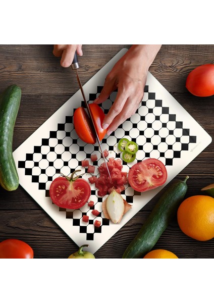 Cam Kesme Tahtası ve Sunumluk ve Sunum Tabağı Bej Geometrik Çizgiler 30X40 cm fiyatları