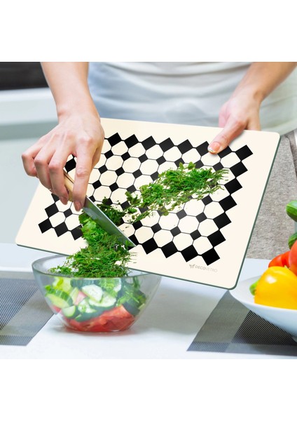 Cam Kesme Tahtası ve Sunumluk ve Sunum Tabağı Bej Geometrik Çizgiler 30X40 cm modelleri