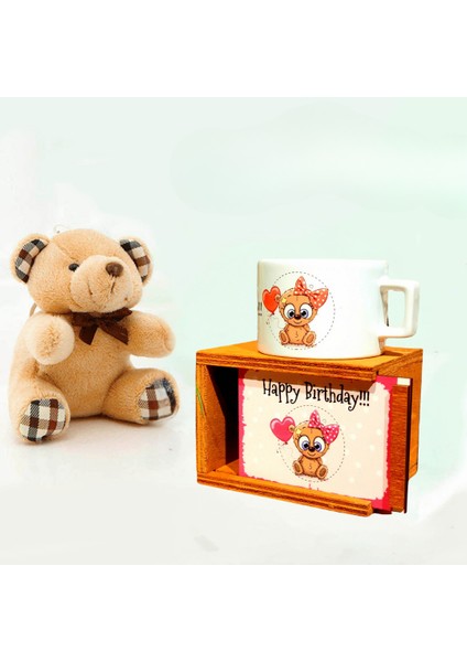 Happy Birthday Panda Tasarım Ahşap Kutulu Kupa & Mini Peluş Ayıcık Arkadaşa Hediye