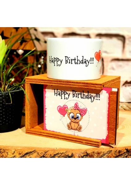Happy Birthday Panda Tasarım Ahşap Kutulu Kupa & Mini Peluş Ayıcık Arkadaşa Hediye modelleri