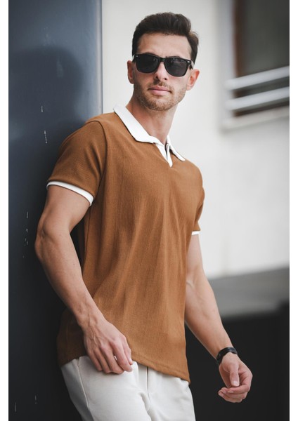 Ht 945061 Slim Fit Likralı Kısa Patlı Apaç Yaka Erkek Tshirt