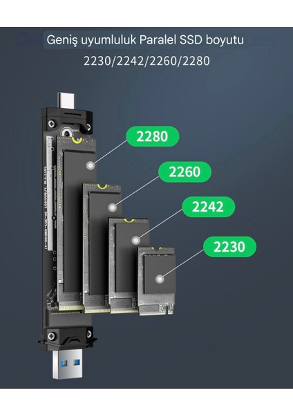 Ssd Kutusu CE/FC/ROHS Lisanslı 2280/2260/2242/2230 M.2 Nvme/SATA Type-c Ve Usb Çift Girişli 10Gpbs Usb 3.1 Son Nesil Teknoloji Muhafaza Kutusu M ve B & M