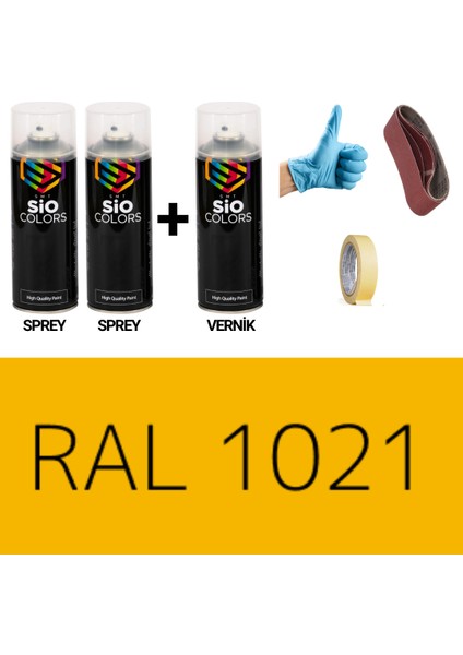 2 Adet Sprey + 1 Adet Vernik Kolza Sarı RAL-1021 Sprey Boya Seti 400 Ml+Zımpara+Kağıt Bant+Eldiven