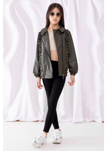 Haki Fermuarlı Fırfır Detaylı Kız Çocuk Deri Ceket 19542