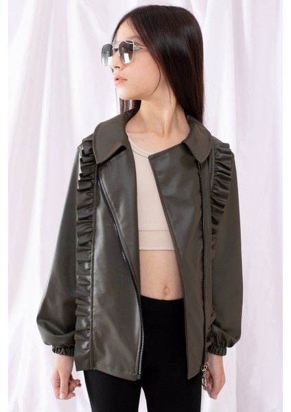 Haki Fermuarlı Fırfır Detaylı Kız Çocuk Deri Ceket 19542 fiyatları