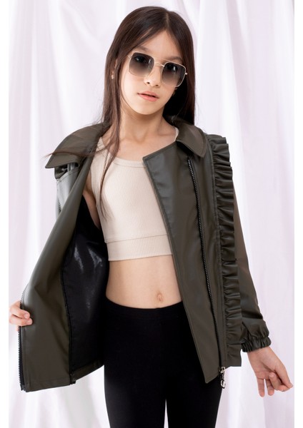 Haki Fermuarlı Fırfır Detaylı Kız Çocuk Deri Ceket 19542 modelleri