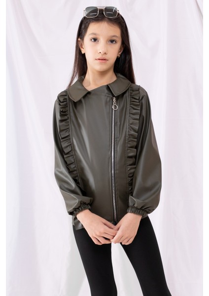 Haki Fermuarlı Fırfır Detaylı Kız Çocuk Deri Ceket 19542 fırsatları
