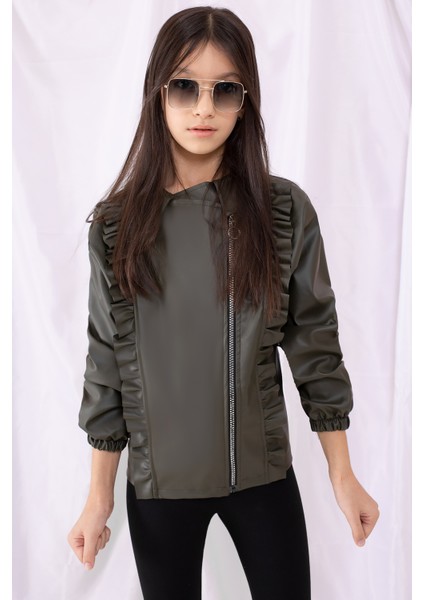 Haki Fermuarlı Fırfır Detaylı Kız Çocuk Deri Ceket 19542 indirimleri