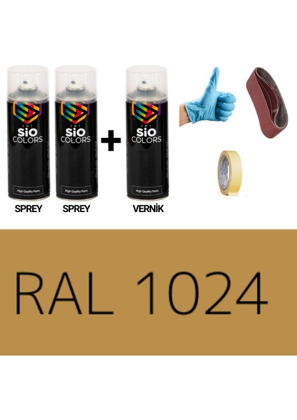 2 Adet Sprey + 1 Adet Vernik Oksit Sarı RAL-1024 Sprey Boya Seti 400 Ml+Zımpara+Kağıt Bant+Eldiven