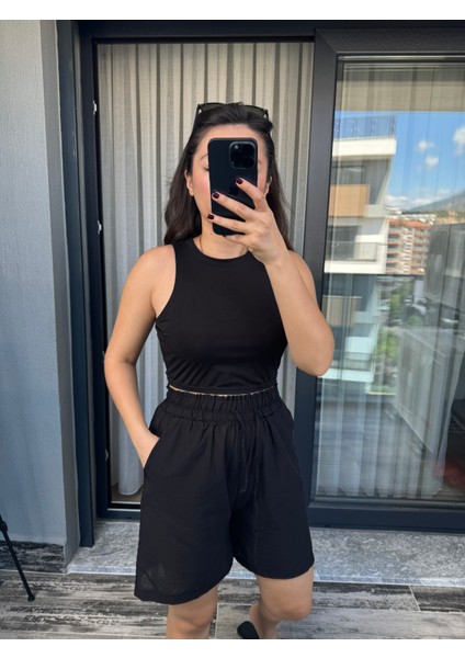 Siyah Beli Lastikli Pamuk Ince Şort