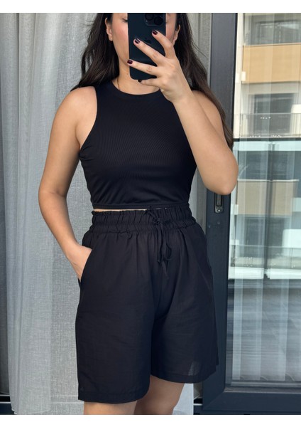 Siyah Beli Lastikli Pamuk Ince Şort fırsatları