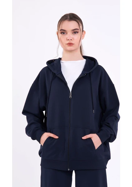 Lacivert Kanguru Cepli Kapüşonlu Fermuarlı Oversize Kadın Sweatshirt