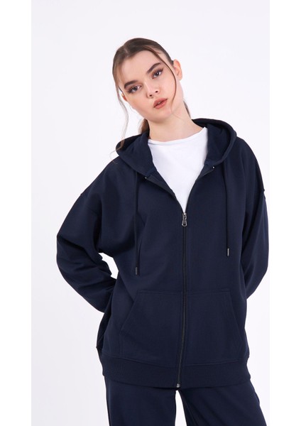 Lacivert Kanguru Cepli Kapüşonlu Fermuarlı Oversize Kadın Sweatshirt