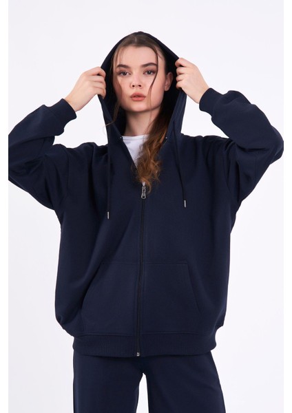 Lacivert Kanguru Cepli Kapüşonlu Fermuarlı Oversize Kadın Sweatshirt