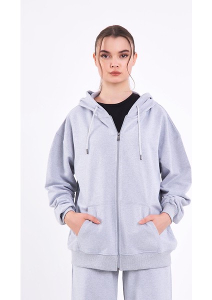 Gri Kanguru Cepli Kapüşonlu Fermuarlı Oversize Kadın Sweatshirt