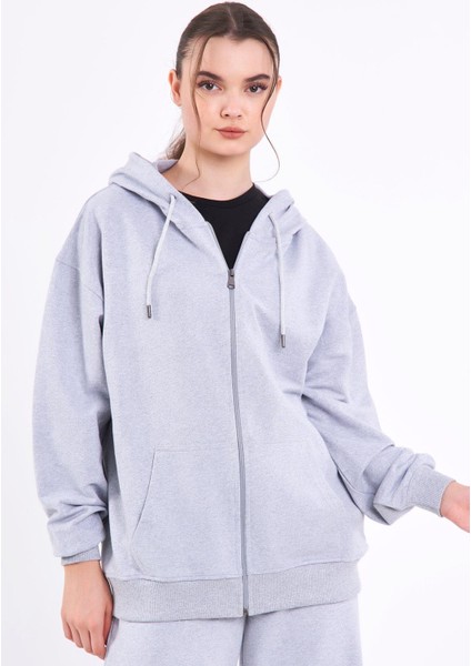 Gri Kanguru Cepli Kapüşonlu Fermuarlı Oversize Kadın Sweatshirt