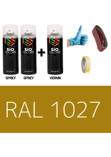 2 Adet Sprey + 1 Adet Vernik Kimyon Sarı RAL-1027 Sprey Boya Seti 400 Ml+Zımpara+Kağıt Bant+Eldiven