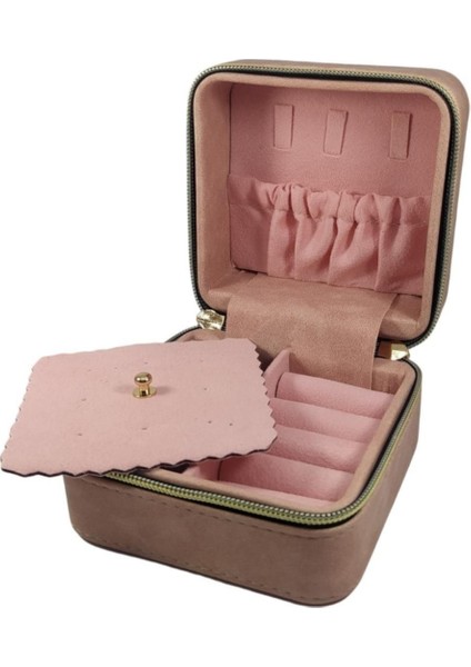 Fermuarlı Süet Takı, Seyahat ve Mücevher Çantası,kutusu Pembe (11X11 cm )