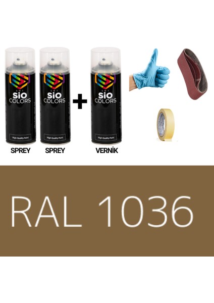 Sio Colors 2 Adet Sprey + 1 Adet Vernik Sedef Altın RAL-1036 Sprey Boya Seti 400 Ml+Zımpara+Kağıt Bant+Eldiven