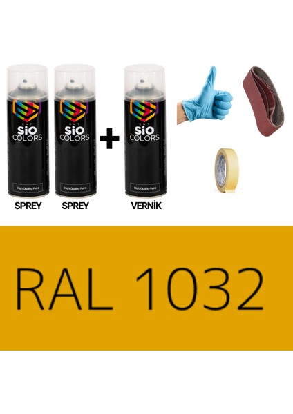 2 Adet Sprey + 1 Adet Vernik Süpürge Sarı RAL-1032 Sprey Boya Seti 400 Ml+Zımpara+Kağıt Bant+Eldiven