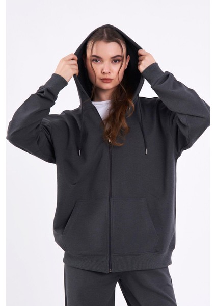 Antrasit Kanguru Cepli Kapüşonlu Fermuarlı Oversize Kadın Sweatshirt CMRB73-ANTRASIT fırsatları