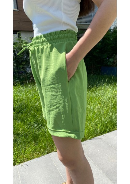 Fıstık Yeşili Beli Lastikli Ip Detaylı Pamuk Şort