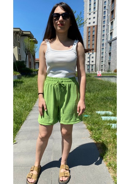 Fıstık Yeşili Beli Lastikli Ip Detaylı Pamuk Şort fiyatları
