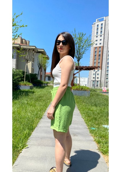 Fıstık Yeşili Beli Lastikli Ip Detaylı Pamuk Şort modelleri