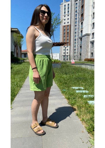 Fıstık Yeşili Beli Lastikli Ip Detaylı Pamuk Şort indirimleri