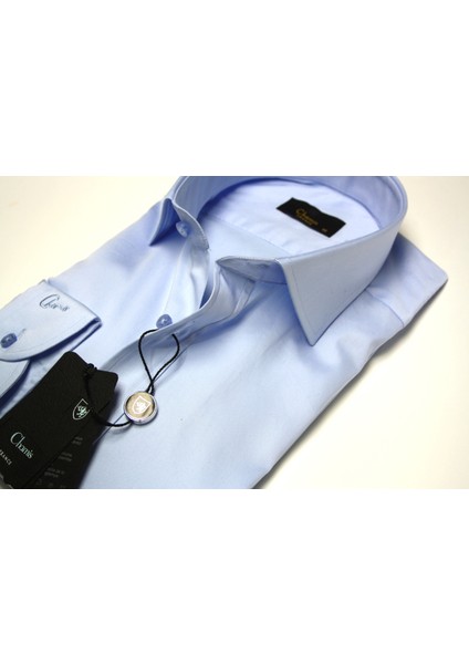 Slimfit Açık Mavi Pamuk Saten Yarım Italyan Yaka Gömlek modelleri