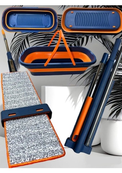 Katlanabilir mop ve tekerlekli kova seti, yedek bez, pratik ve şık temizlik çözümü