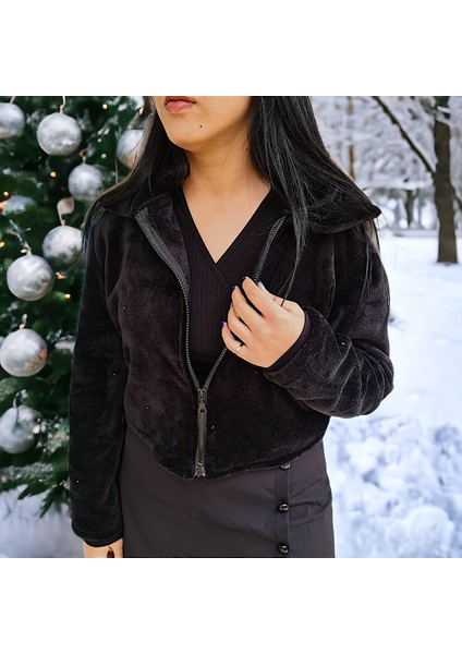Fermuarlı Dik Yaka Oversize Peluş Ceket Hırka