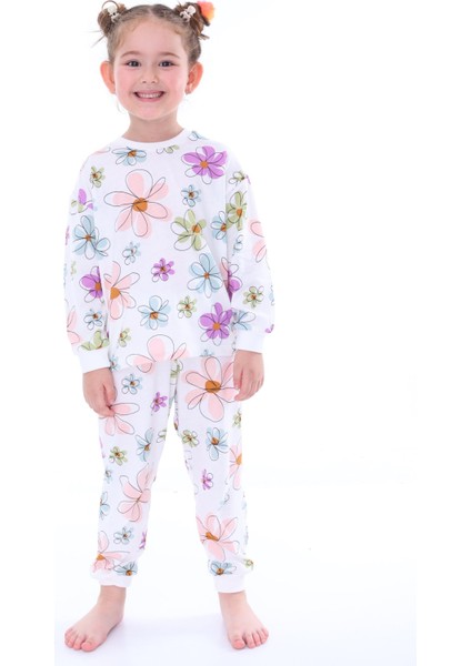 Pamuk Çiçek Desenli Uzun Kollu Kız Çocuk Pijama Takımı (3,4,5,6,7,8 Yaş)