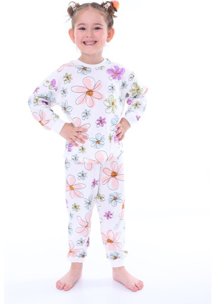 Pamuk Çiçek Desenli Uzun Kollu Kız Çocuk Pijama Takımı (3,4,5,6,7,8 Yaş)