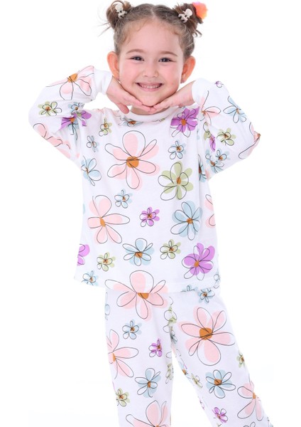 Pamuk Çiçek Desenli Uzun Kollu Kız Çocuk Pijama Takımı (3,4,5,6,7,8 Yaş)