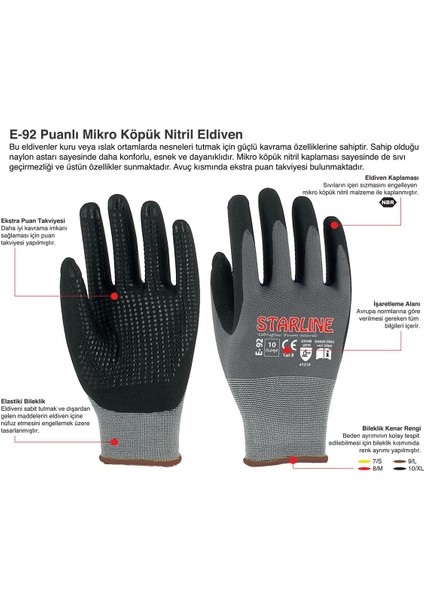 E-92 Puanlı Mikro Köpük Nitril Montaj Eldiveni No.9/large - 12 Adet