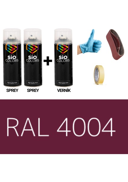 2 Adet Sprey + 1 Adet Vernik Bordo Mor RAL-4004 Sprey Boya Seti 400 Ml+Zımpara+Kağıtbant+Eldiven