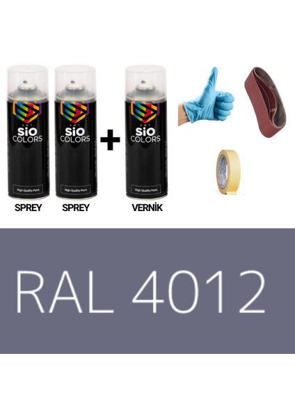2 Adet Sprey + 1 Adet Vernik Böğürtlen Mor RAL-4012 Sprey Boya Seti 400 Ml+Zımpara+Kağıtbant+Eldiven