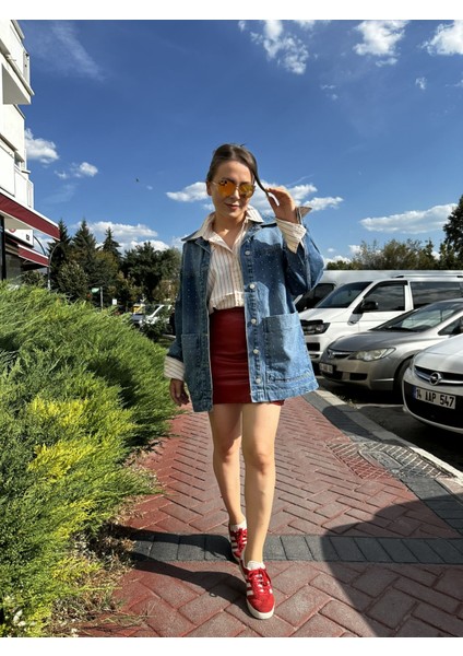 Taşlı Uzun Büyük Cepli Kot Ceket M