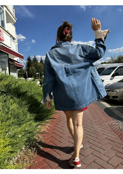 Taşlı Uzun Büyük Cepli Kot Ceket M