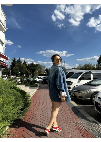 Taşlı Uzun Büyük Cepli Kot Ceket M