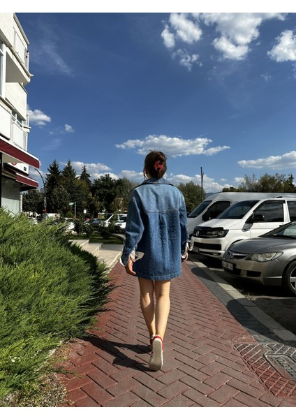 Taşlı Uzun Büyük Cepli Kot Ceket M