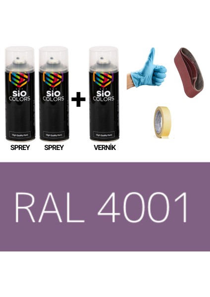 2 Adet Sprey + 1 Adet Vernik Kırmızı Mor RAL-4001 Sprey Boya Seti 400 Ml+Zımpara+Kağıtbant+Eldiven