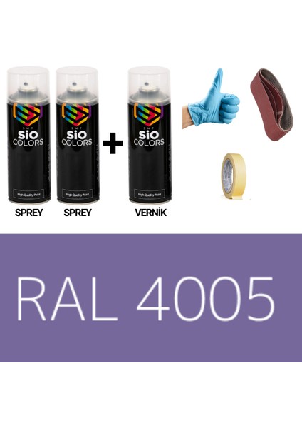 2 Adet Sprey + 1 Adet Vernik Mavi Mor RAL-4005 Sprey Boya Seti 400 Ml+Zımpara+Kağıtbant+Eldiven